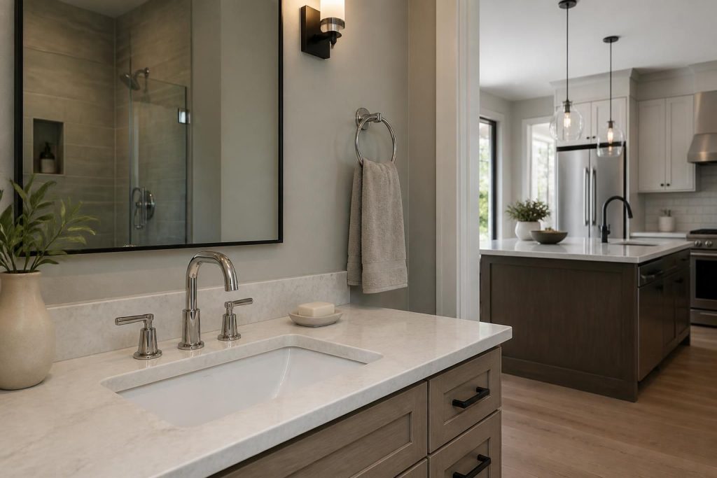Modern bathroom and kitchen plumbing with clean polished fixtures.